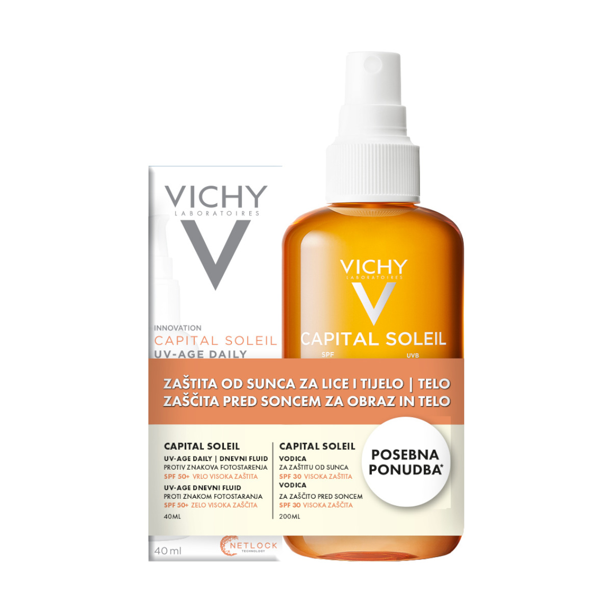 Vichy CAPITAL SOLEIL UV-AGE DAILY vodeni fluid SPF50+, 40 ml + Vodica za naglašen ten za lice i tijelo SPF30, 200 ml