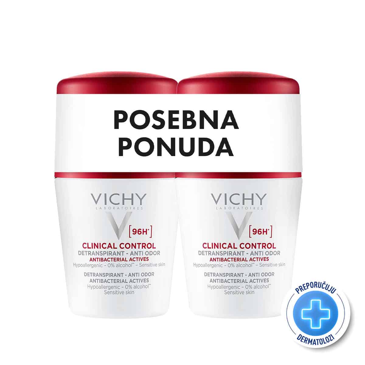 Vichy Deo Clinical Control Roll-on dezodorans protiv neugodnih mirisa do 96h 50 ml x 2 POSEBNA PONUDA